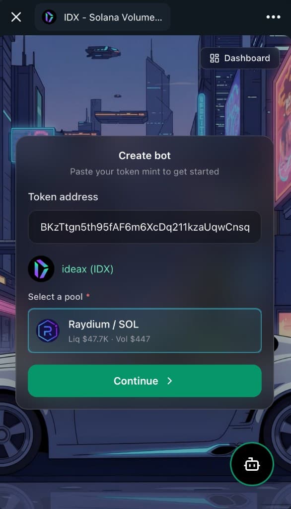 Telegram Mini App create bot — SPL mint with Raydium pool selected and live liquidity stats