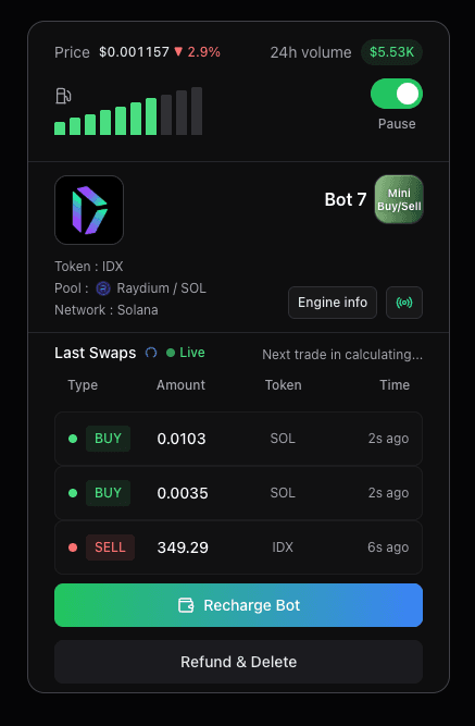 IDX Telegram Mini App bot card — Mini Buy/Sell with live swaps, gas level, and recharge controls